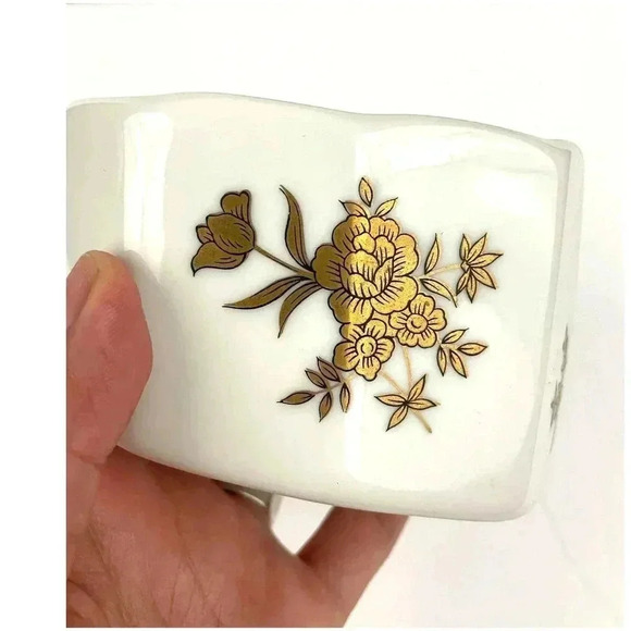 VTG China Spoon Rest Holder Japan 7736 White Gold Trim Flowers Ceramic - Picture 2 of 9